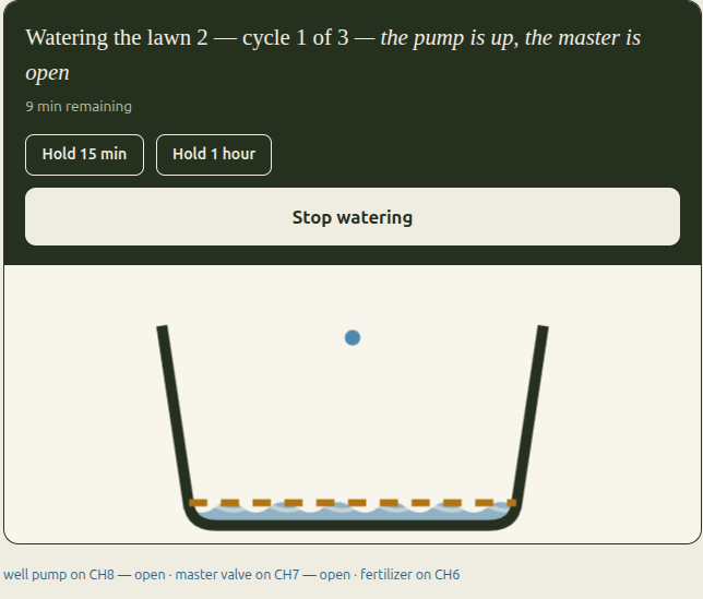 The Maali app watering the back lawn: a live card reading 'Watering the lawn 2, cycle 1 of 3, the pump is up, the master is open,' nine minutes remaining, above an animated vessel filling with water.