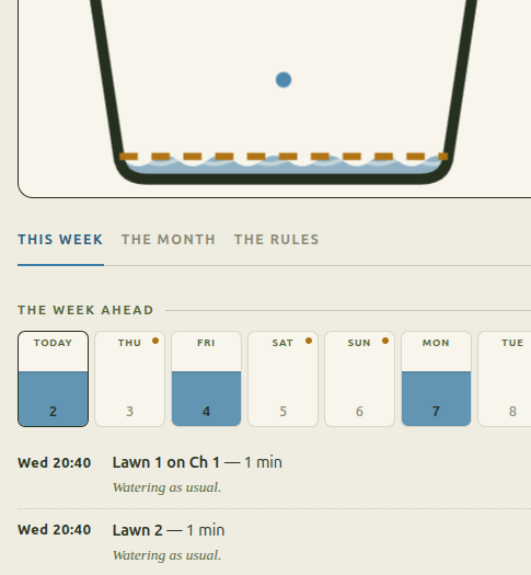 A calendar strip of the coming week with small filling-tub day cells, followed by each planned run labelled 'Watering as usual' and rest days labelled 'Not a watering day under your district's rules.'