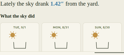 The weather page reading 'Lately the sky drank 1.42 inches from the yard,' with a row of recent days shown as sunny cards.
